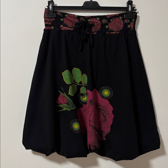 DESIGUAL (M) Balloon Floral Skirt Above Knee Elastic Waist Tie Soft Black - Picture 2 of 13